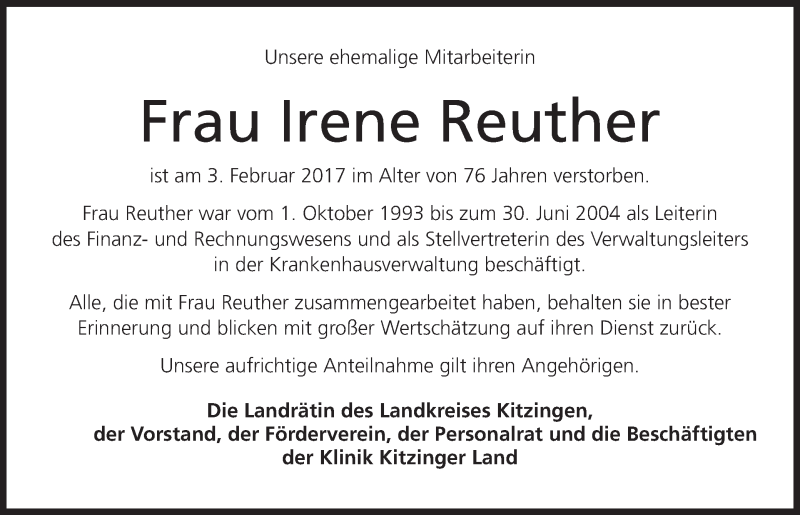  Traueranzeige für Irene Reuther vom 18.02.2017 aus MGO