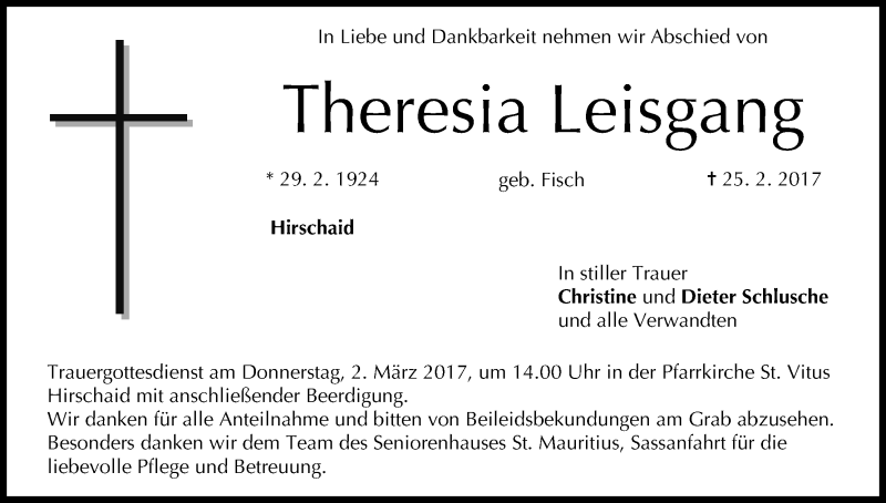  Traueranzeige für Theresia Leisgang vom 27.02.2017 aus MGO