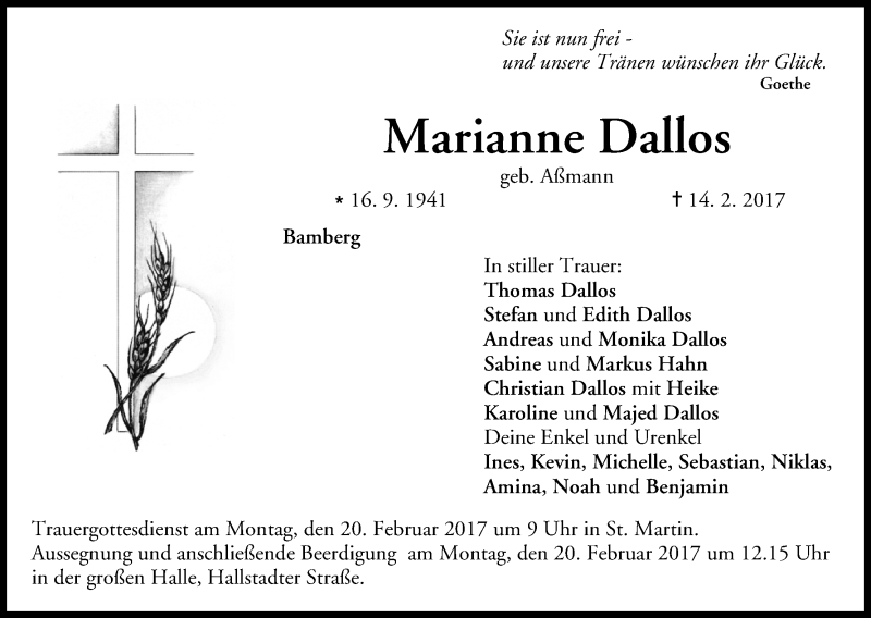  Traueranzeige für Marianne Dallos vom 18.02.2017 aus MGO