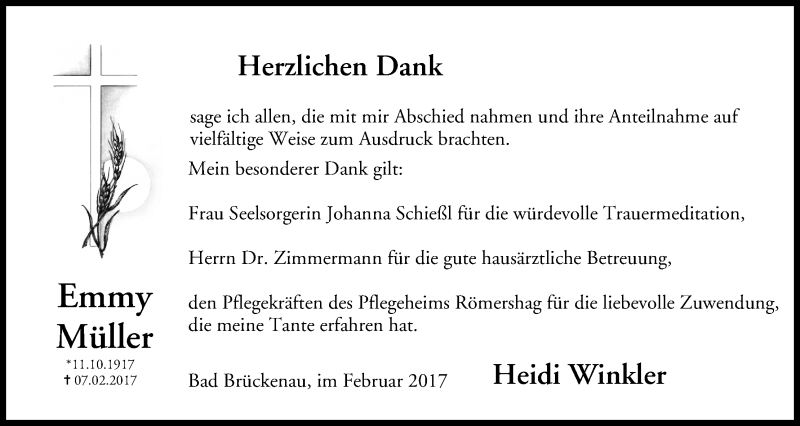  Traueranzeige für Emmy Müller vom 25.02.2017 aus MGO
