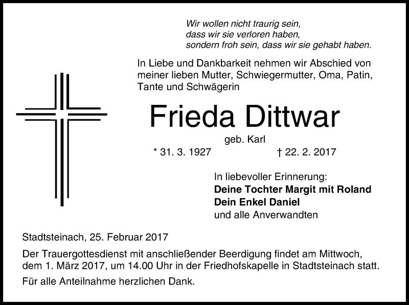  Traueranzeige für Frieda Dittwar vom 25.02.2017 aus MGO