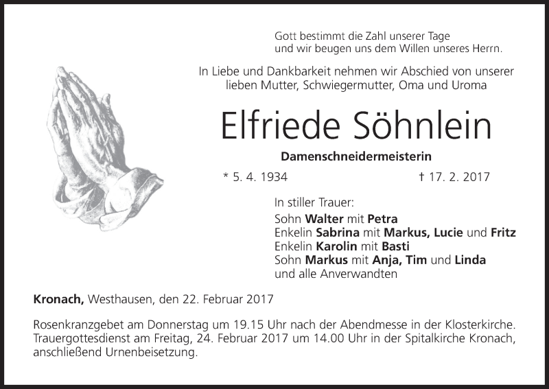  Traueranzeige für Elfriede Söhnlein vom 22.02.2017 aus MGO