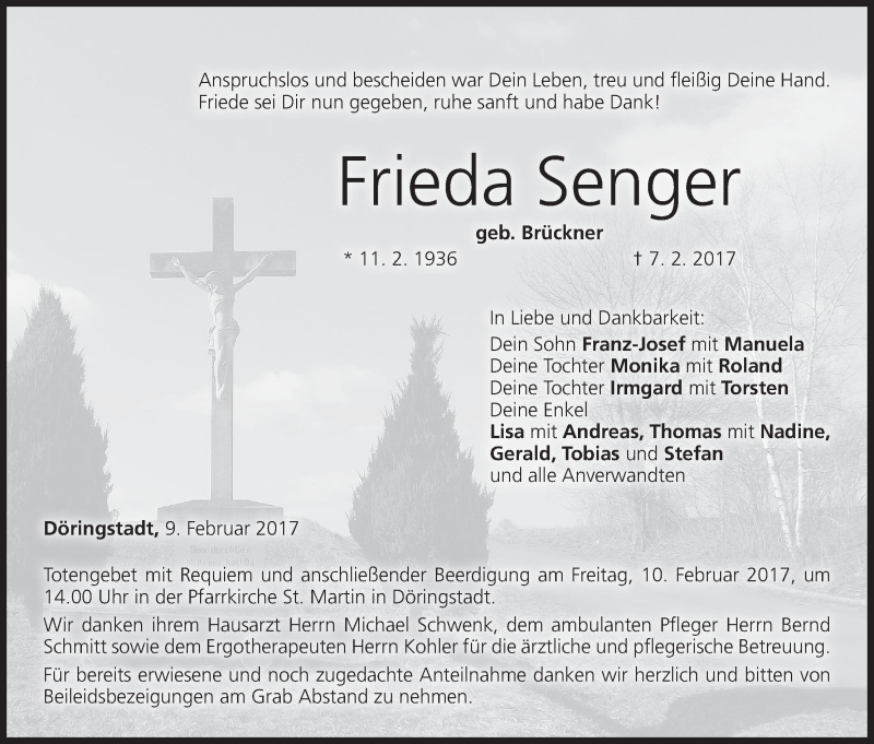  Traueranzeige für Frieda Senger vom 09.02.2017 aus MGO