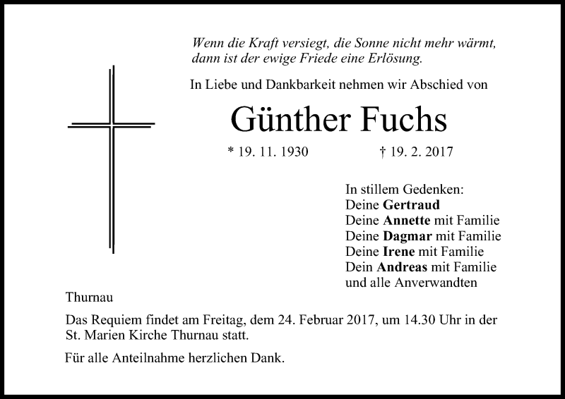  Traueranzeige für Günther Fuchs vom 21.02.2017 aus MGO