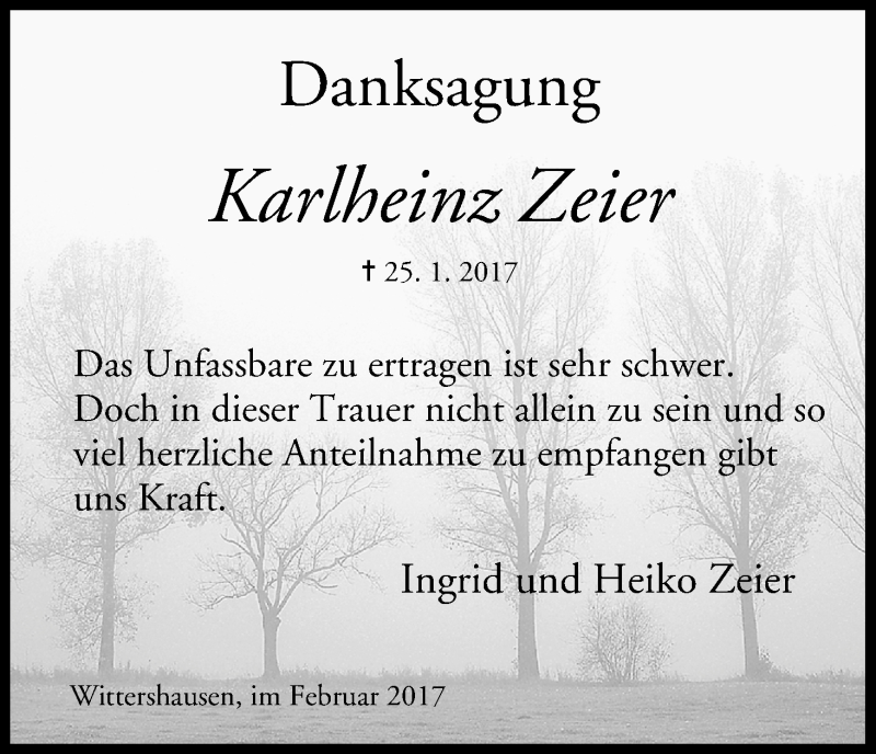  Traueranzeige für Karlheinz Zeier vom 11.02.2017 aus MGO