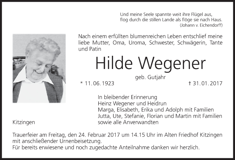  Traueranzeige für Hilde Wegener vom 21.02.2017 aus MGO