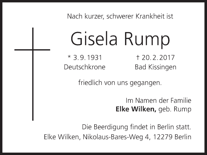  Traueranzeige für Gisela Rump vom 25.02.2017 aus MGO