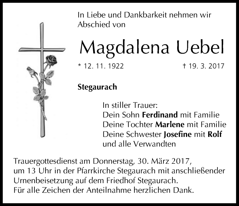  Traueranzeige für Magdalena Uebel vom 25.03.2017 aus MGO
