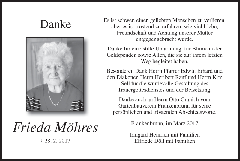  Traueranzeige für Frieda Möhres vom 11.03.2017 aus MGO