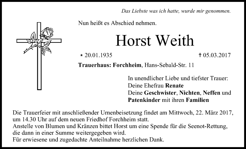  Traueranzeige für Horst Weith vom 18.03.2017 aus MGO