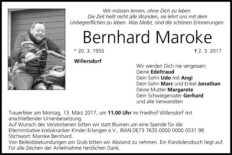  Traueranzeige für Bernhard Maroke vom 09.03.2017 aus MGO