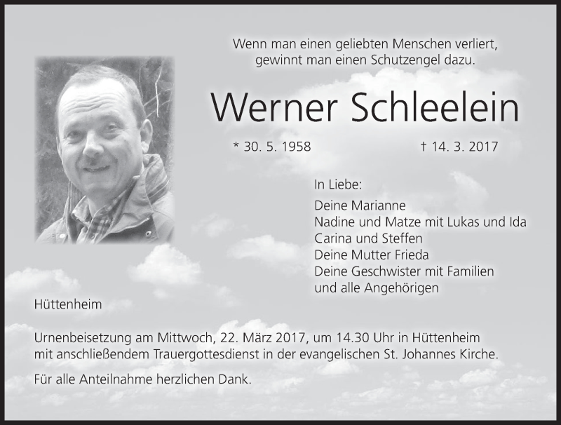  Traueranzeige für Werner Schleelein vom 18.03.2017 aus MGO