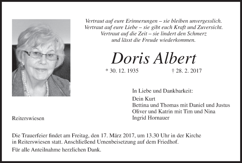  Traueranzeige für Doris Albert vom 14.03.2017 aus MGO