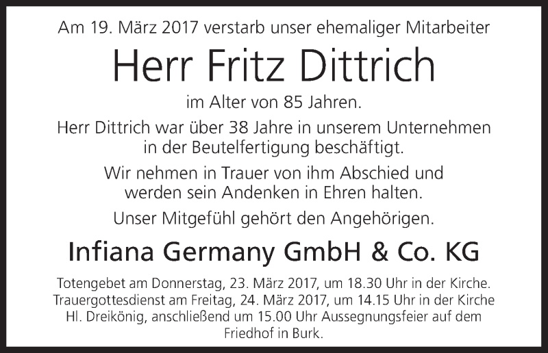  Traueranzeige für Fritz Dittrich vom 23.03.2017 aus MGO
