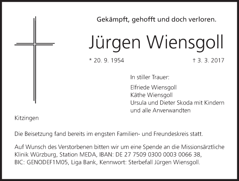  Traueranzeige für Jürgen Wiensgoll vom 25.03.2017 aus MGO