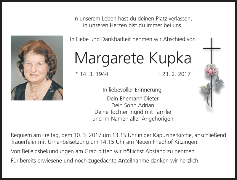  Traueranzeige für Margarete Kupka vom 08.03.2017 aus MGO