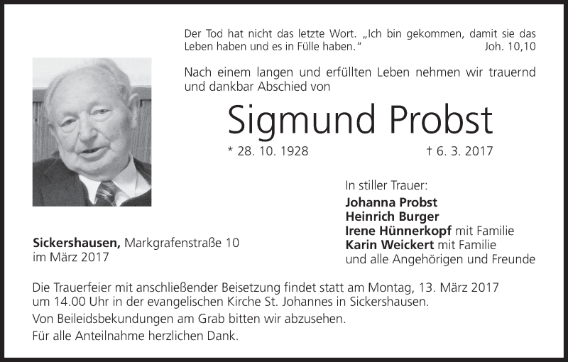  Traueranzeige für Sigmund Probst vom 11.03.2017 aus MGO