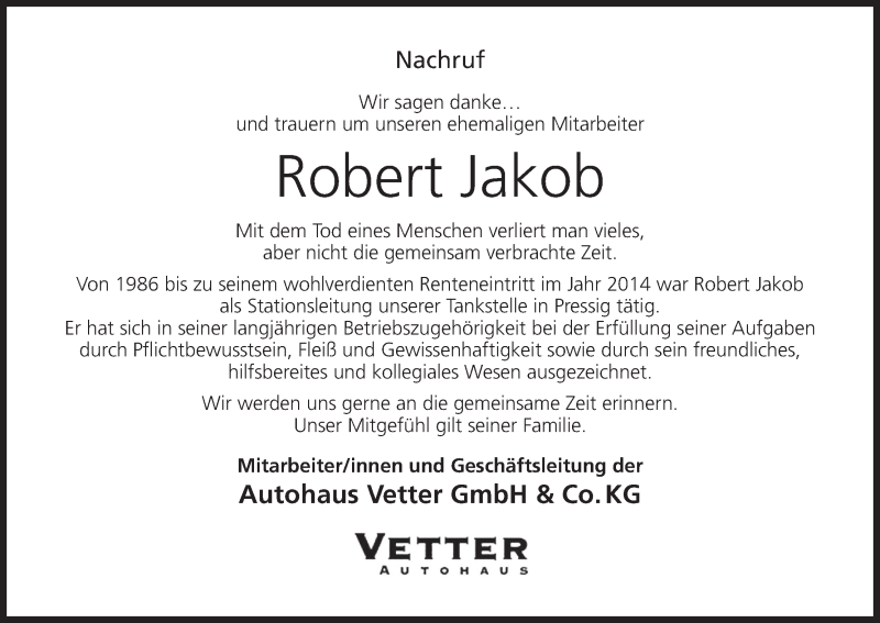  Traueranzeige für Robert Jakob vom 30.03.2017 aus MGO