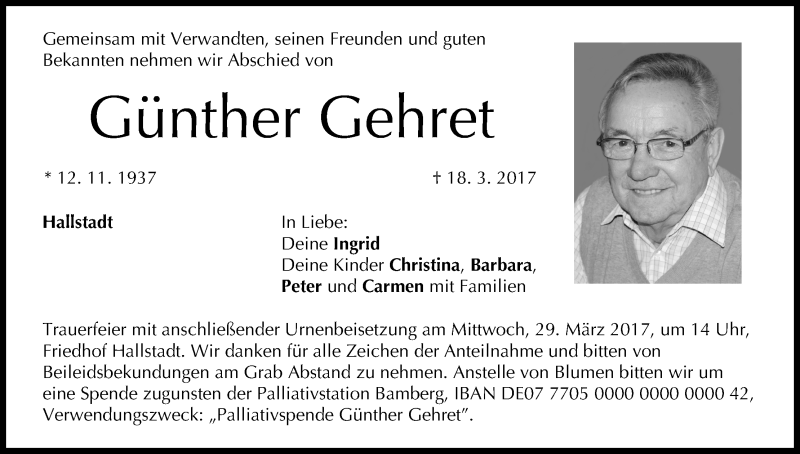  Traueranzeige für Günther Gehret vom 25.03.2017 aus MGO
