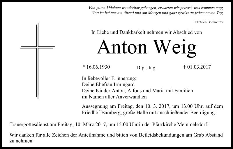 Traueranzeige für Anton Weig vom 07.03.2017 aus MGO