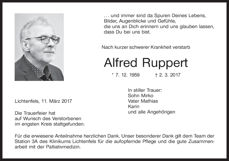 Traueranzeige für Alfred Ruppert vom 11.03.2017 aus MGO