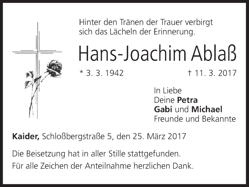  Traueranzeige für Hans-Joachim Ablaß vom 25.03.2017 aus MGO