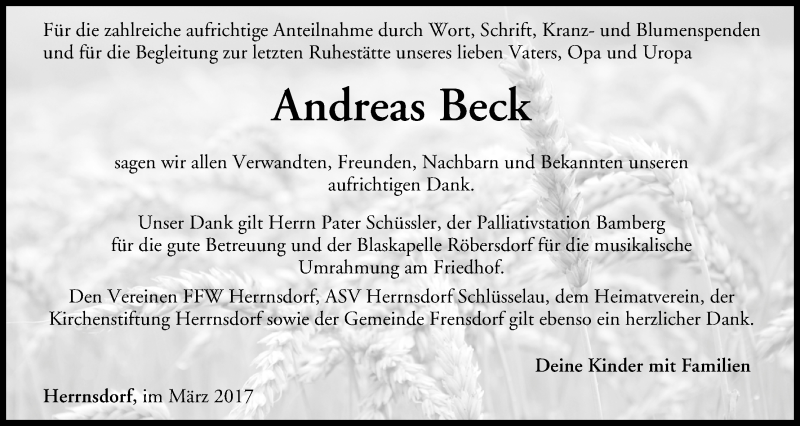  Traueranzeige für Andreas Beck vom 11.03.2017 aus MGO