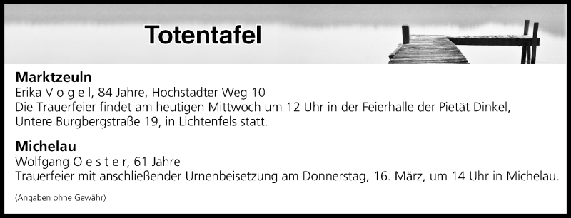  Traueranzeige für Totentafel vom 15.03.2017 vom 15.03.2017 aus MGO