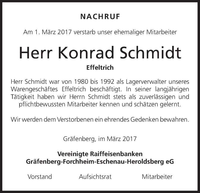  Traueranzeige für Konrad Schmidt vom 08.03.2017 aus MGO