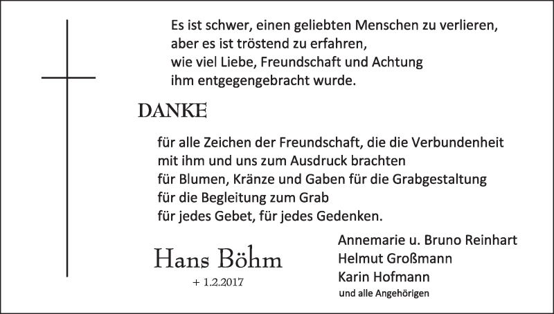  Traueranzeige für Hans Böhm vom 04.03.2017 aus MGO
