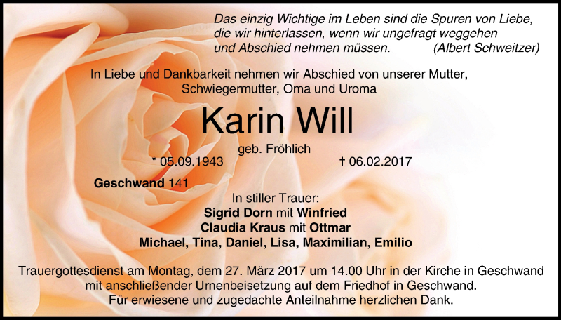  Traueranzeige für Karin Will vom 25.03.2017 aus MGO