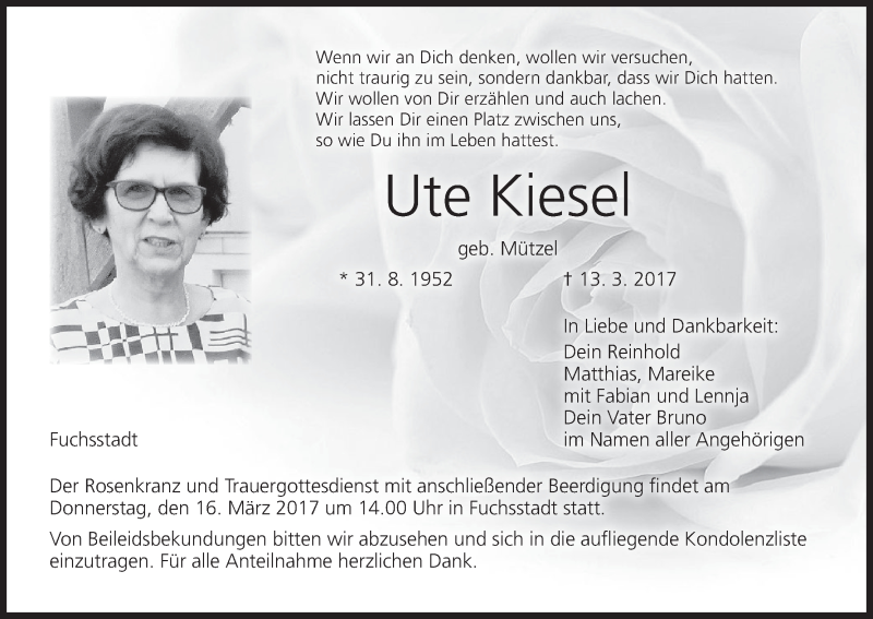  Traueranzeige für Ute Kiesel vom 15.03.2017 aus MGO