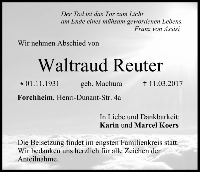  Traueranzeige für Waltraud Reuter vom 22.03.2017 aus MGO