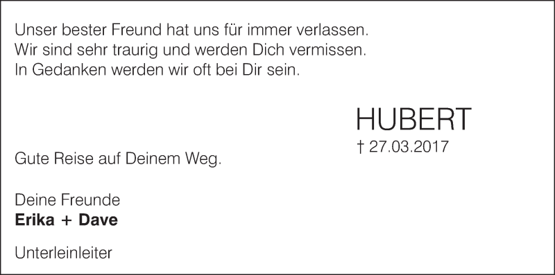  Traueranzeige für Hubert  vom 29.03.2017 aus MGO