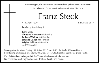 Traueranzeige von Franz Steck