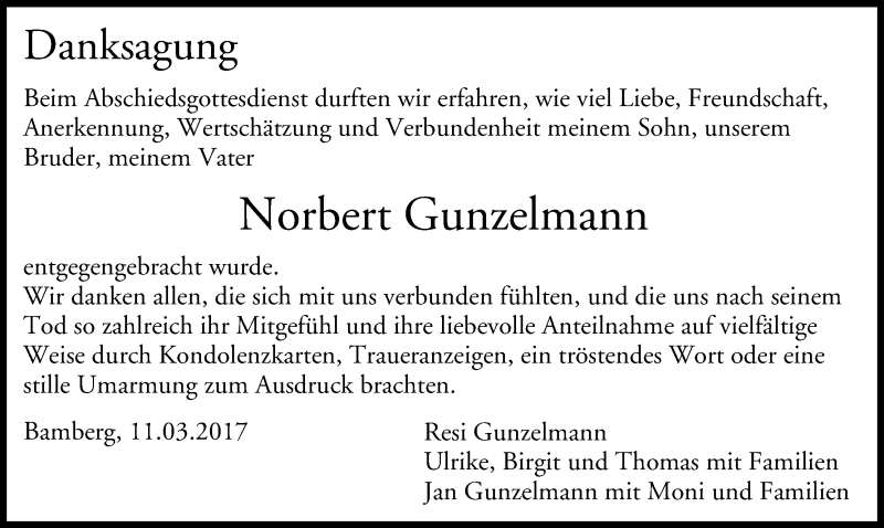  Traueranzeige für Norbert Gunzelmann vom 11.03.2017 aus MGO