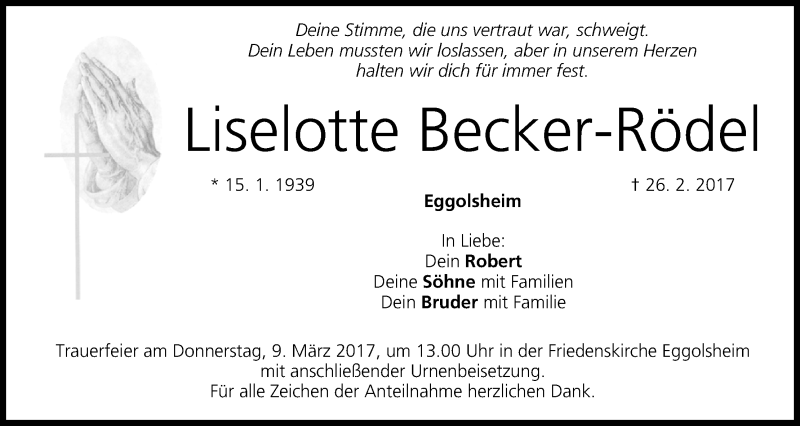  Traueranzeige für Liselotte Becker-Rödel vom 04.03.2017 aus MGO