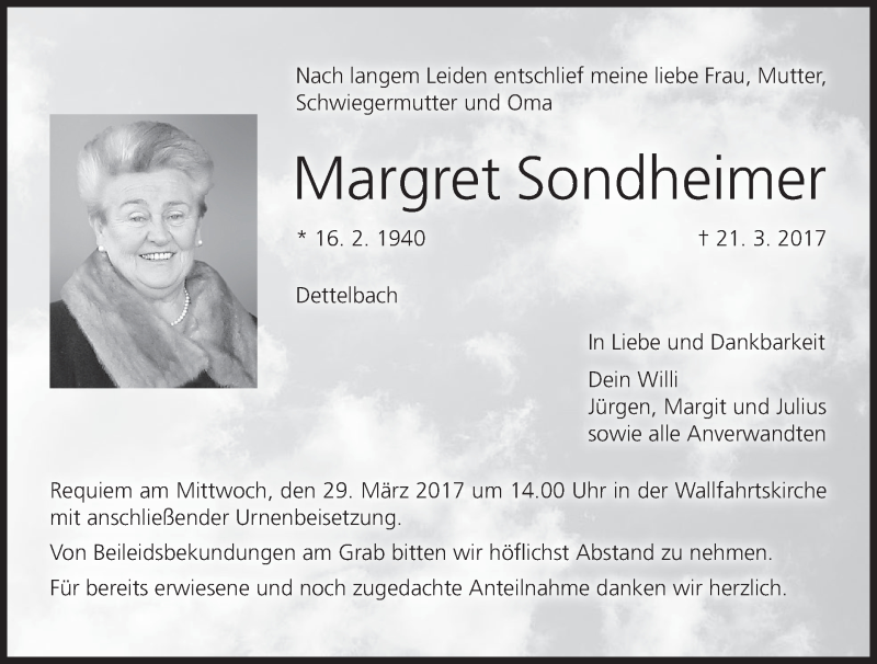  Traueranzeige für Margret Sondheimer vom 25.03.2017 aus MGO