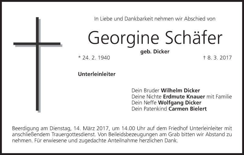  Traueranzeige für Georgine Schäfer vom 11.03.2017 aus MGO
