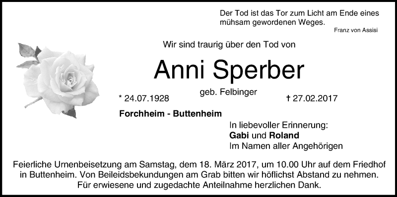  Traueranzeige für Anni Sperber vom 15.03.2017 aus MGO