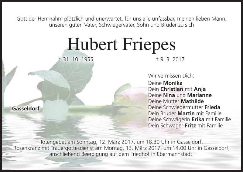  Traueranzeige für Hubert Friepes vom 11.03.2017 aus MGO
