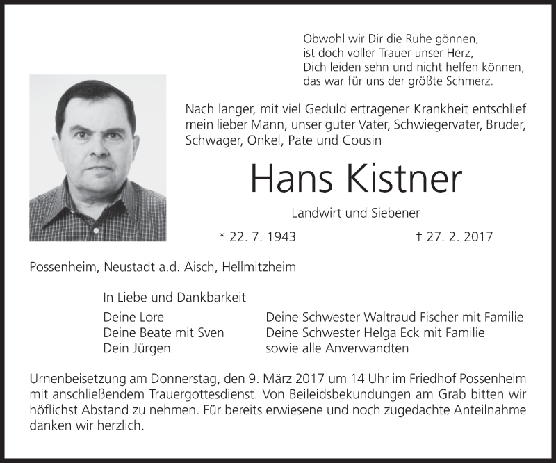 Traueranzeige für Hans Kistner vom 06.03.2017 aus MGO