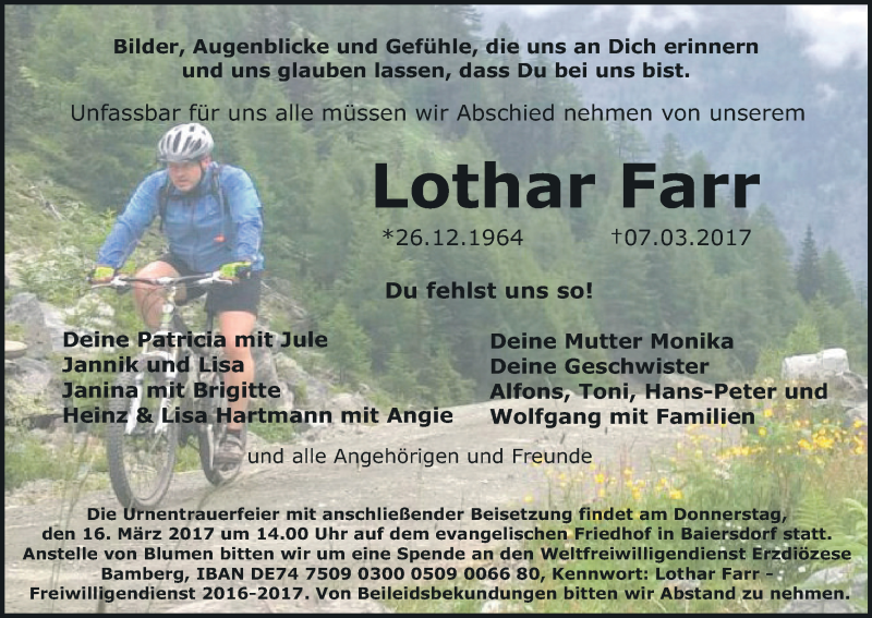  Traueranzeige für Lothar Farr vom 11.03.2017 aus MGO