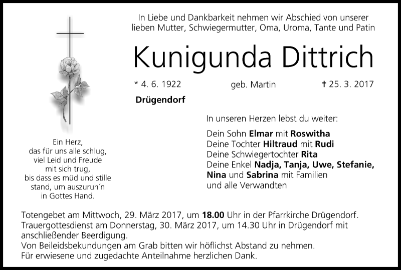  Traueranzeige für Kunigunda Dittrich vom 28.03.2017 aus MGO