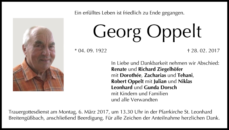  Traueranzeige für Georg Oppelt vom 03.03.2017 aus MGO