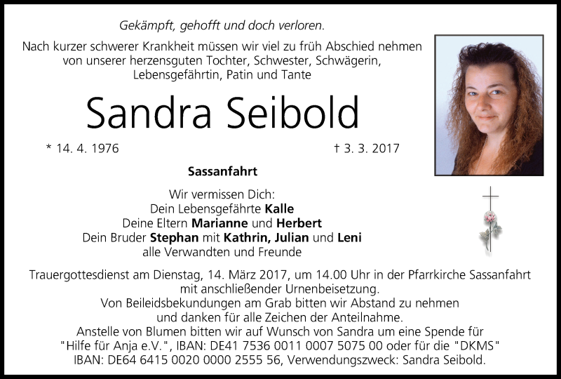  Traueranzeige für Sandra Seibold vom 11.03.2017 aus MGO