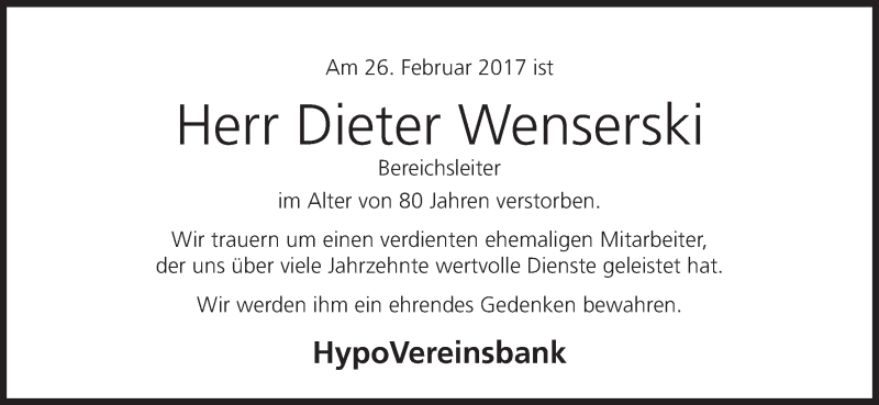  Traueranzeige für Dieter Wenserski vom 09.03.2017 aus MGO