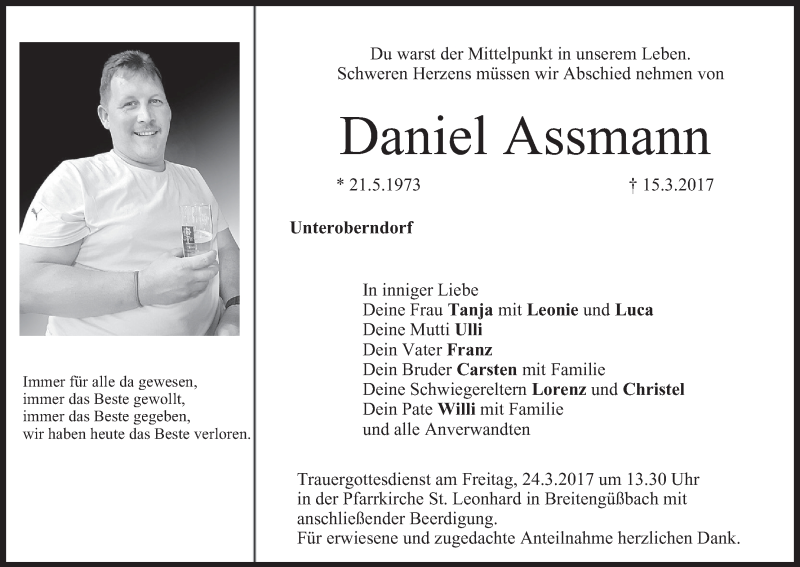  Traueranzeige für Daniel Assmann vom 22.03.2017 aus MGO