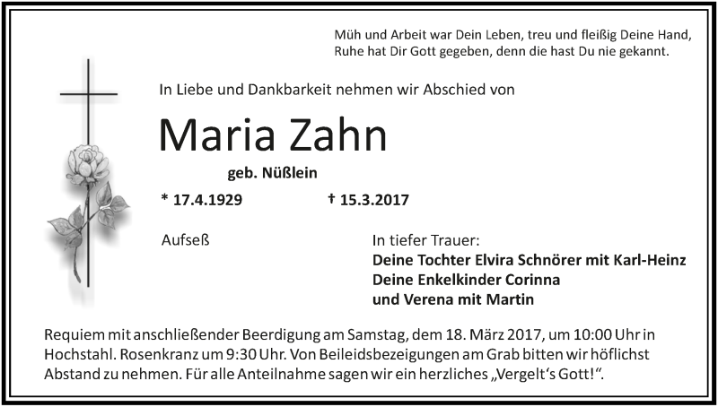  Traueranzeige für Maria Zahn vom 17.03.2017 aus MGO