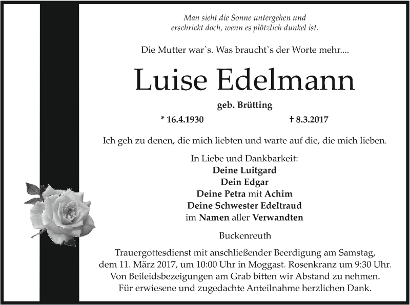  Traueranzeige für Luise Edelmann vom 10.03.2017 aus MGO